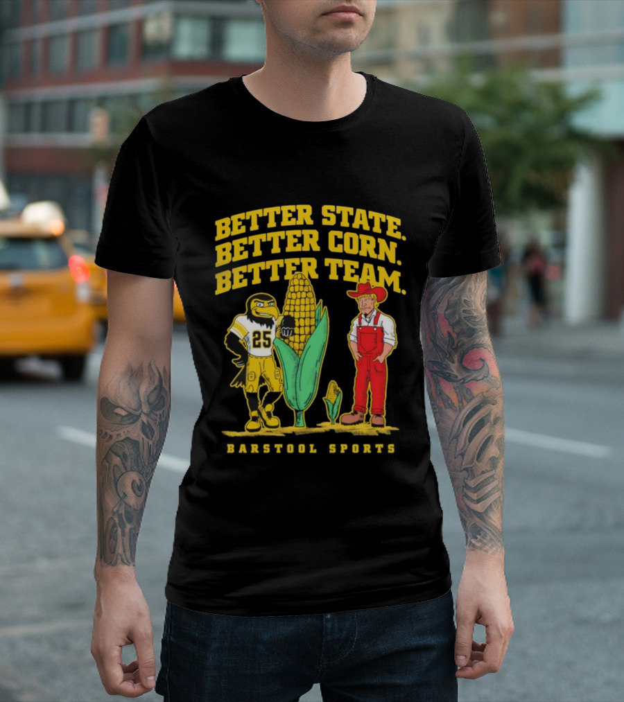 Better State Better Corn Better Team Iowa Hawkeyes Herky and Farmer T-Shirt