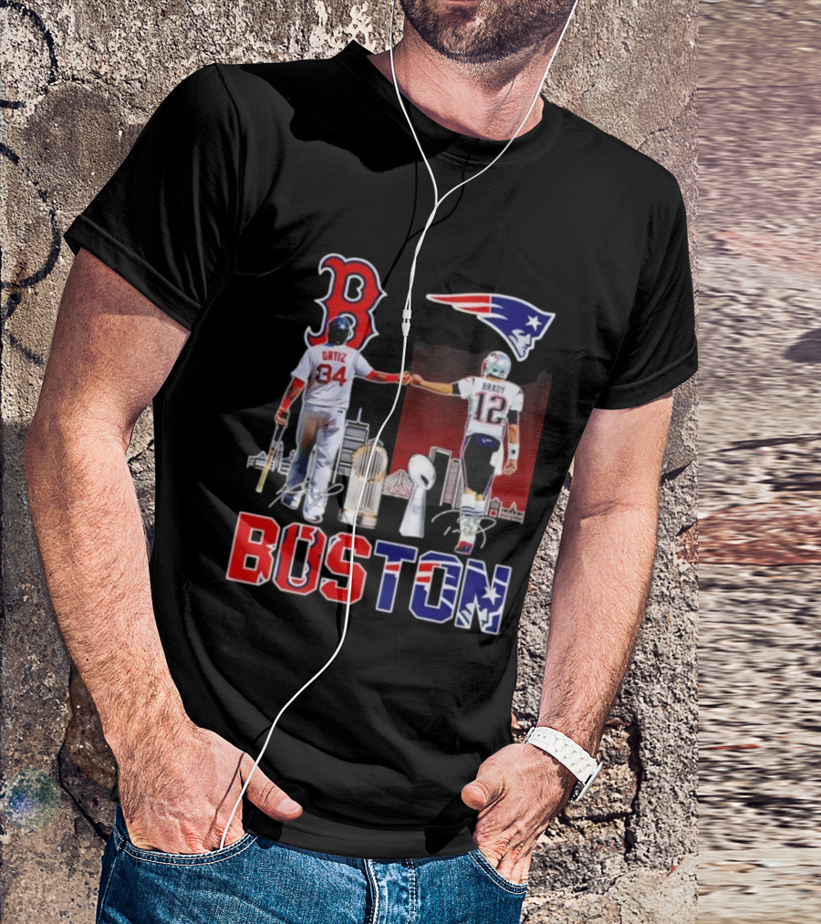 Boston Sports Ortiz Brady Signatures Patriots Red Sox Champions T-Shirt