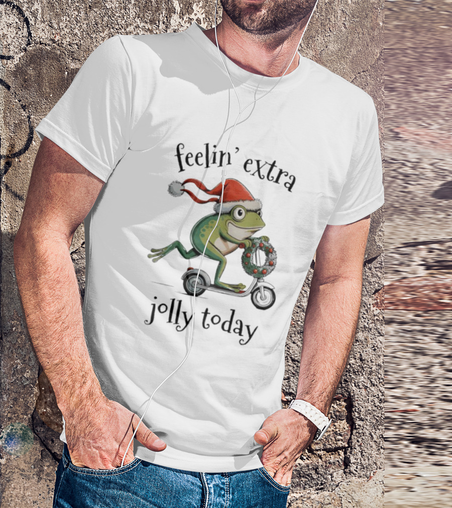 Feelin' Extra Jolly Today Frog Santa Hat Christmas Wreath Scooter T-Shirt