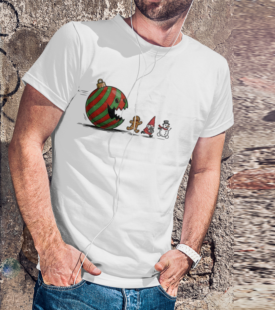 Pac-Man Christmas Gingerbread Gnome Snowman Santa Holiday Fun T-Shirt