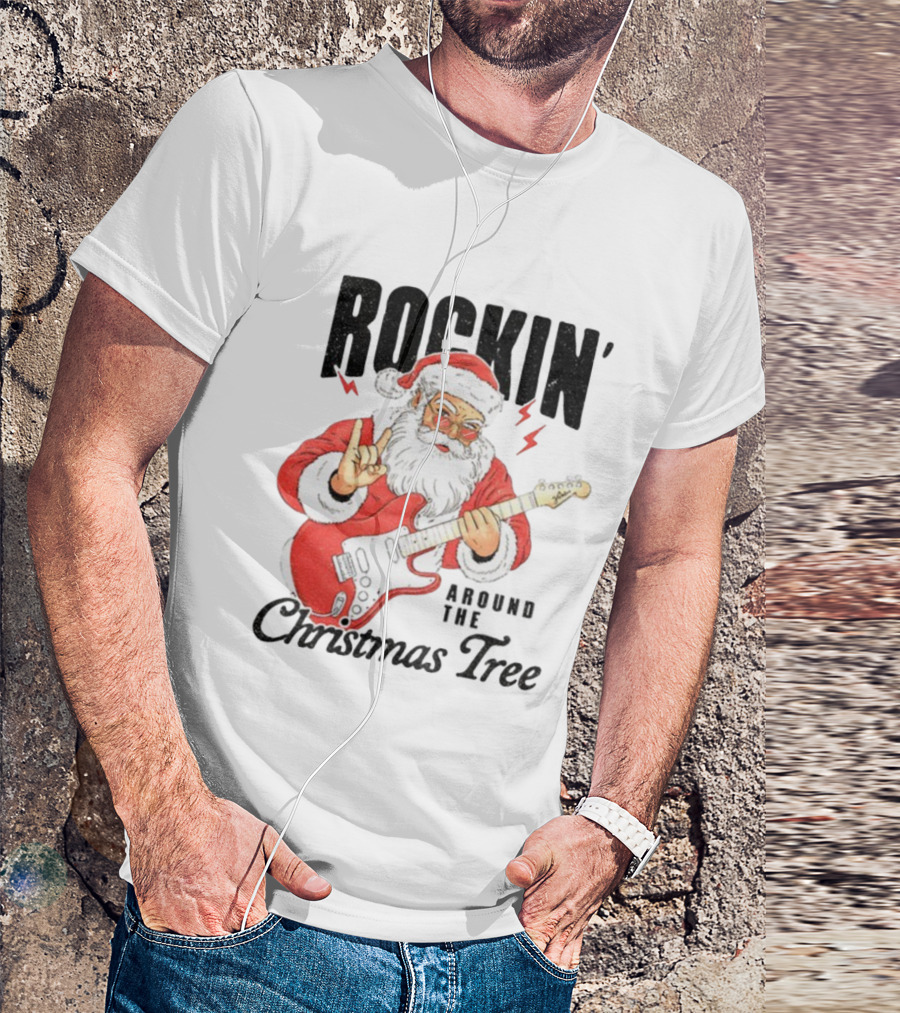 Rockin' Santa Claus Playing Guitar Around The Christmas Tree Merry Christmas T-Shirt