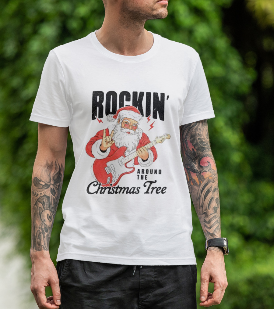 Rockin' Santa Claus Playing Guitar Around The Christmas Tree Merry Christmas T-Shirt