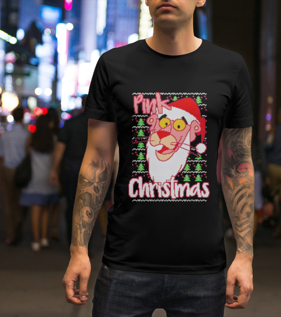 Pink Christmas Ugly Sweater Santa Hat Pink Panther T-Shirt