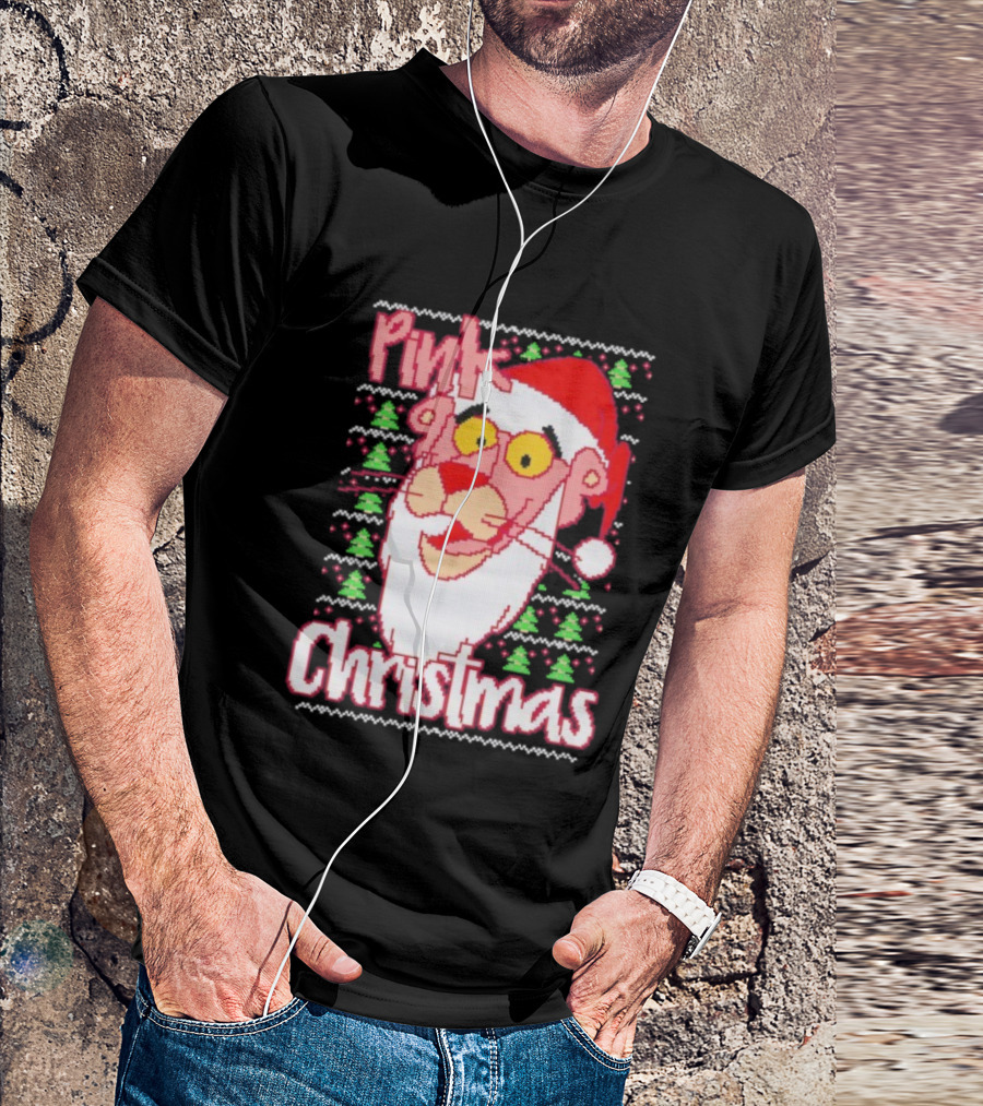 Pink Christmas Ugly Sweater Santa Hat Pink Panther T-Shirt