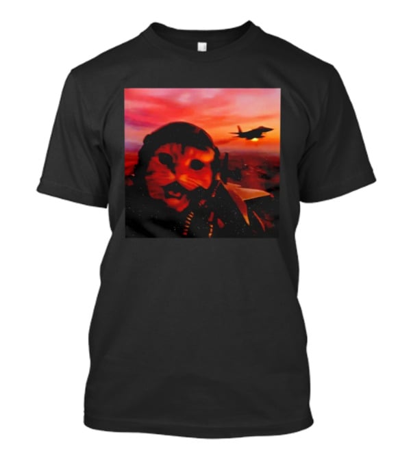 Funny Fighter Pilot Cat In Jet Helmet At Sunset With Jet Fighter T-Shirt