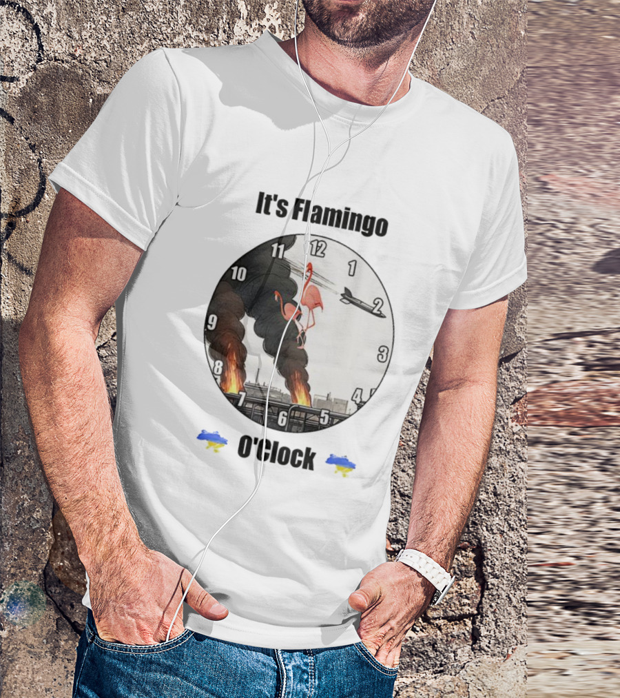 Flamingo O’clock Flamingos On Face With Plane And Fire Imagery T-Shirt