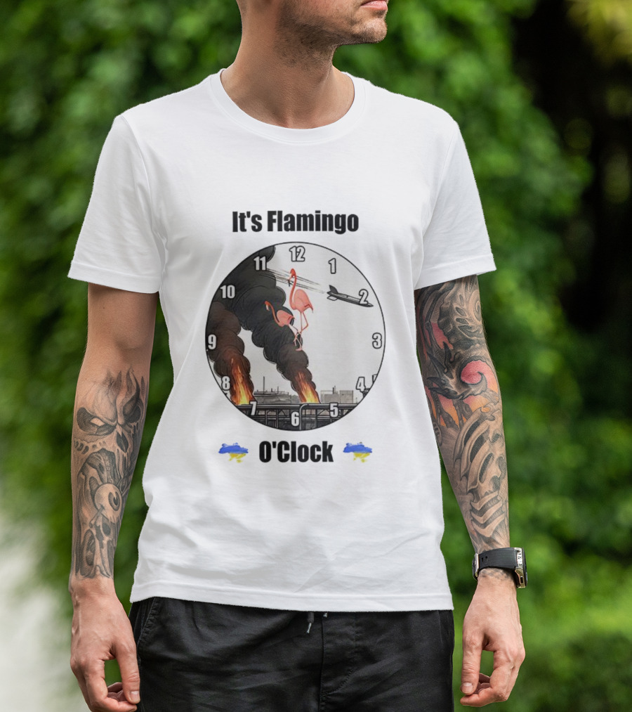 Flamingo O’clock Flamingos On Face With Plane And Fire Imagery T-Shirt