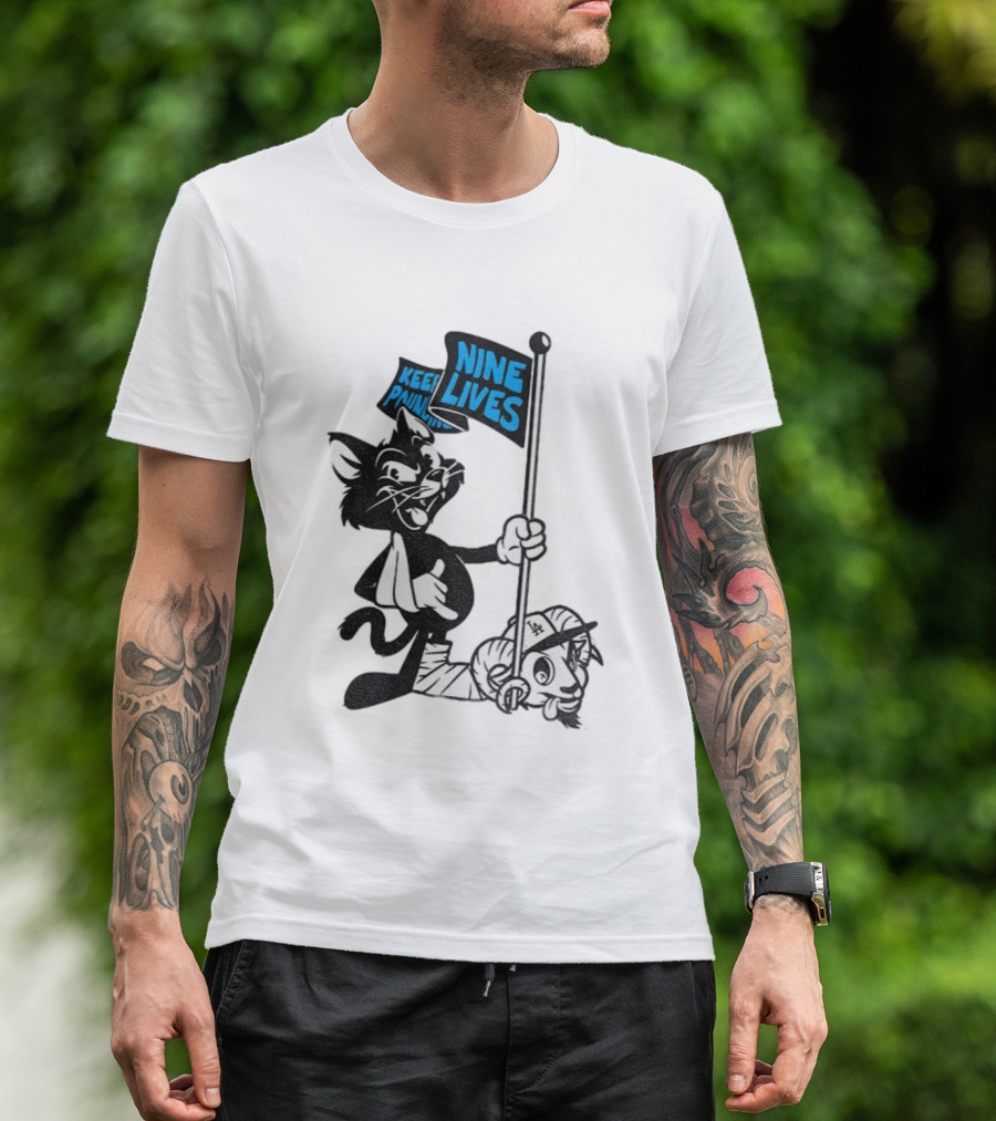 Roaring Riot Nine Lives Keep Pounding Carolina Panthers Beat LA Dodgers Goat T-Shirt