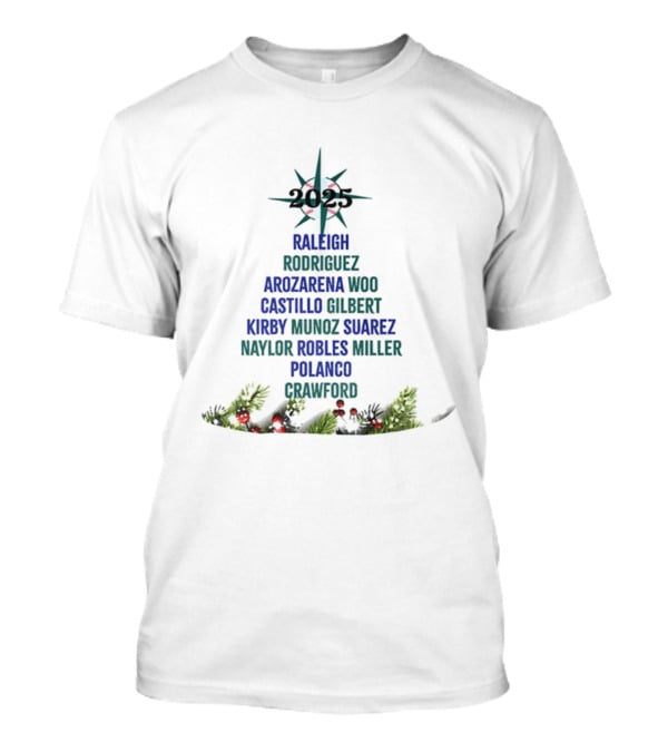 Seattle Mariners Player Names Christmas Tree 2025 Holiday Raleigh Rodriguez Francearlorosscho Suarezeuloogliebsby T-Shirt