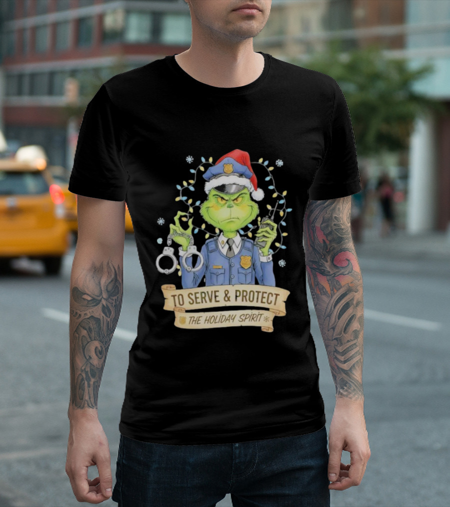 Grinch Police To Serve Protect Holiday Spirit Christmas Lights Handcuffs T-Shirt