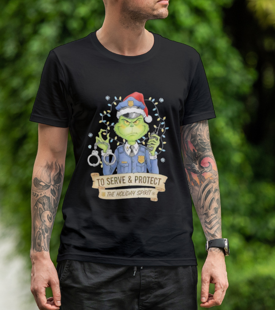 Grinch Police To Serve Protect Holiday Spirit Christmas Lights Handcuffs T-Shirt