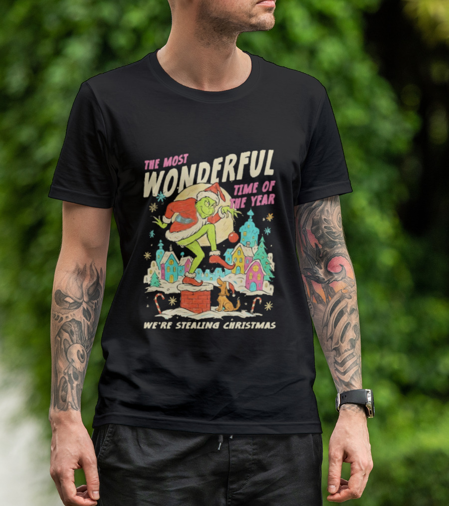 Grinch The Most Wonderful Time Of The Year We're Stealin' Christmas Santa Scene T-Shirt