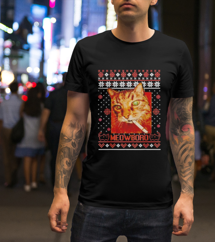 Meowboro Smoking Cat Christmas Ugly Funny Holiday T-Shirt