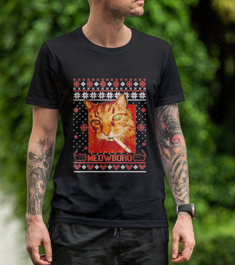 Meowboro Smoking Cat Christmas Ugly Funny Holiday T-Shirt