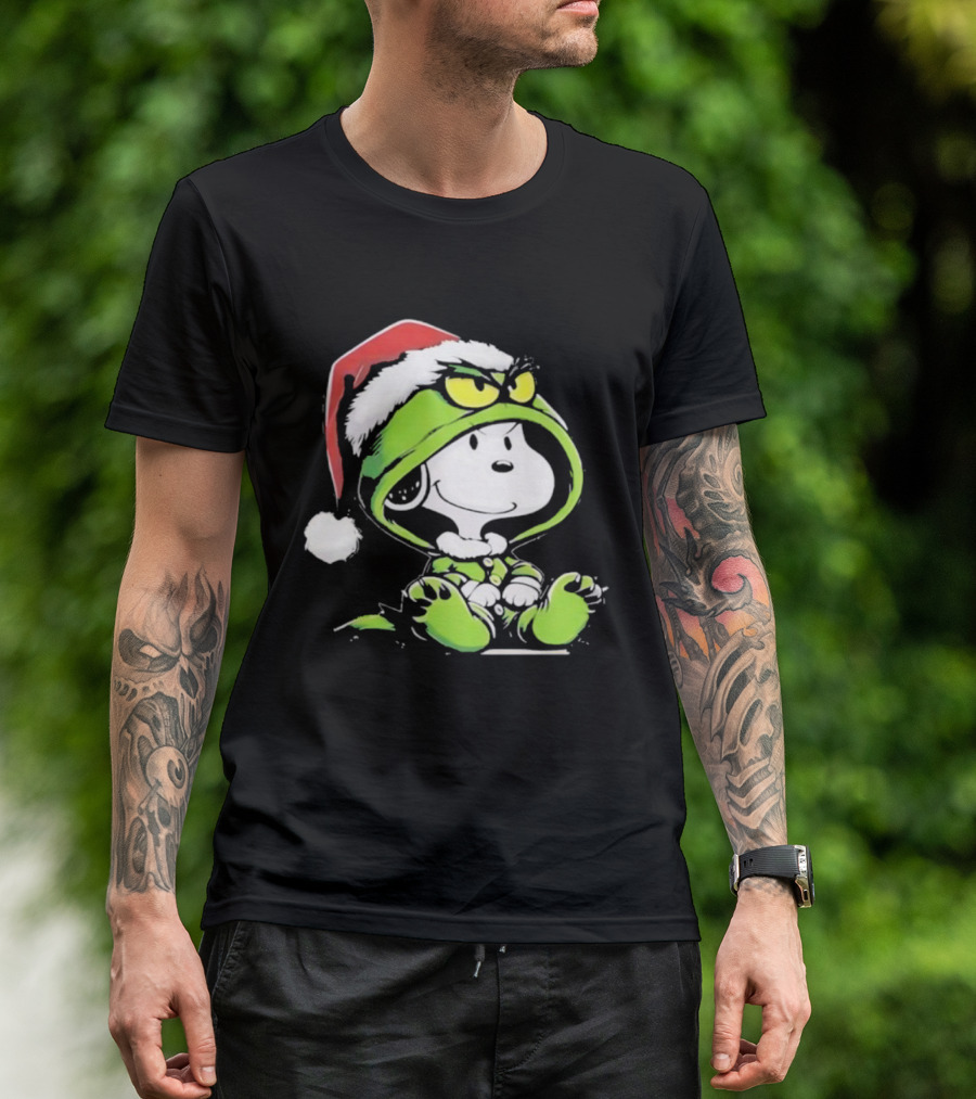 Snoopy Grinch Christmas Santa Hat Character Crossover T-Shirt