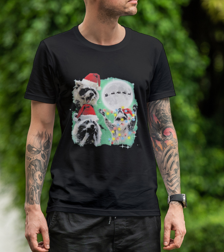Three Raccoons Santa Hats Christmas Moon Lights Sleigh T-Shirt