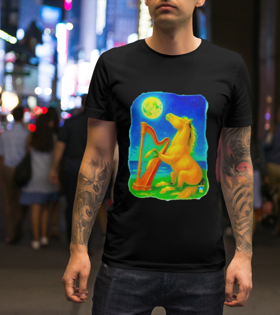 Magical Moonlit Horse Harp Player Fantasy Scene For Horse Lovers T-Shirt