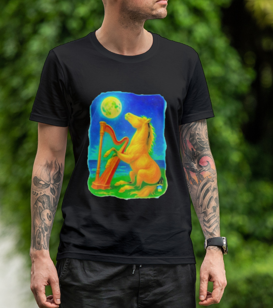 Magical Moonlit Horse Harp Player Fantasy Scene For Horse Lovers T-Shirt