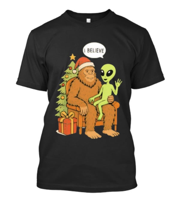 Santa Bigfoot Alien UFO I Believe Paranormal Christmas T-Shirt