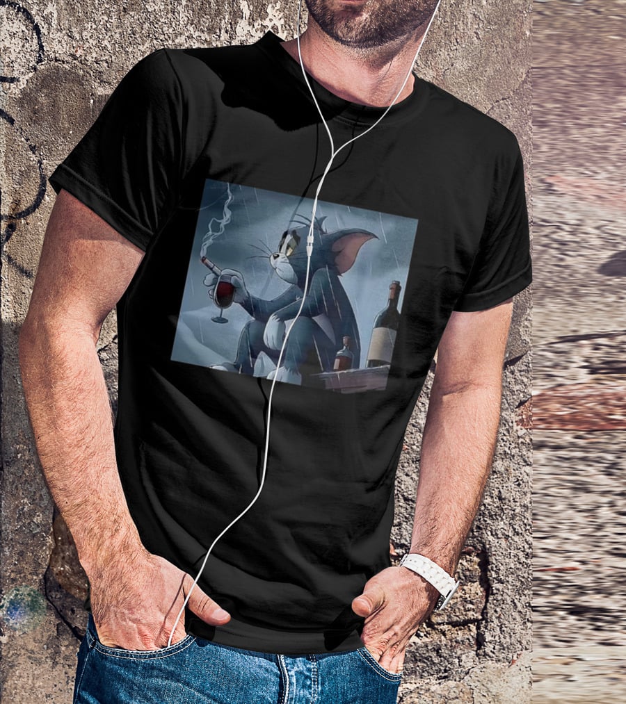 Tom Pensive And Sad Smoking In The Rain With Wine And Bottles T-Shirt