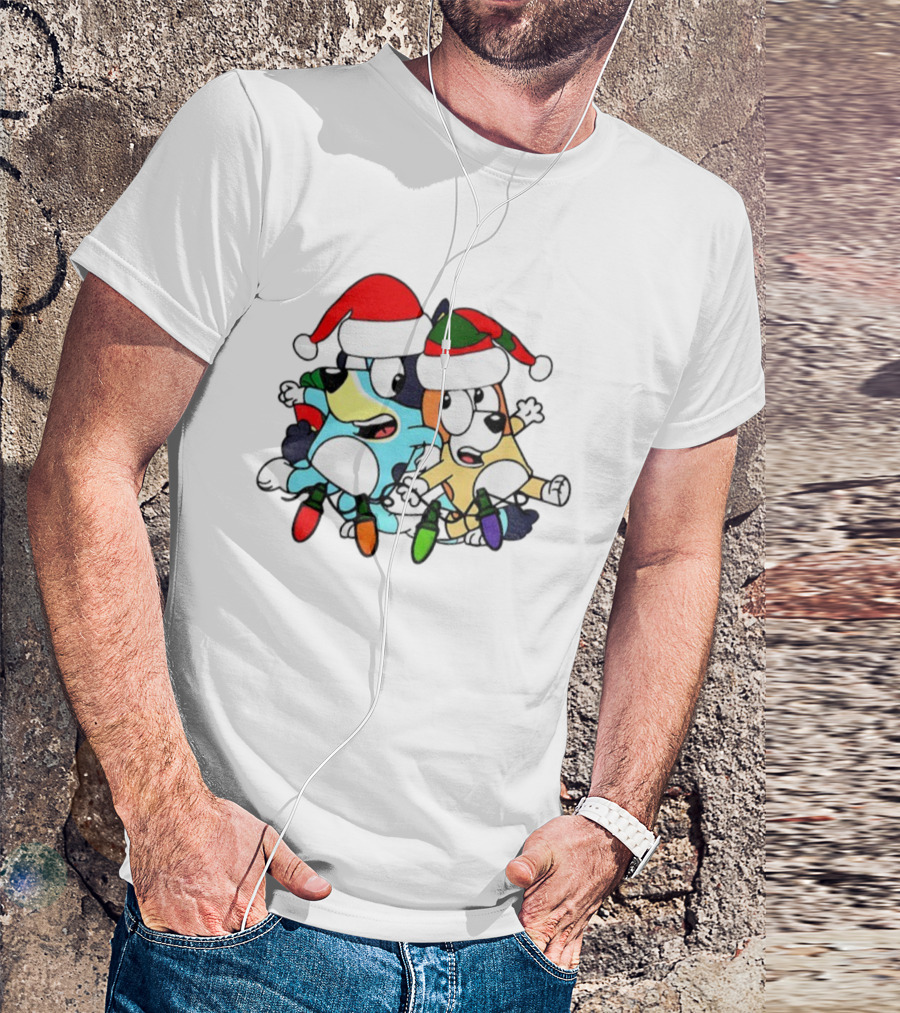 Bluey And Bingo Santa Hat Christmas Lights Merry Christmas 2025 Holiday Fun T-Shirt