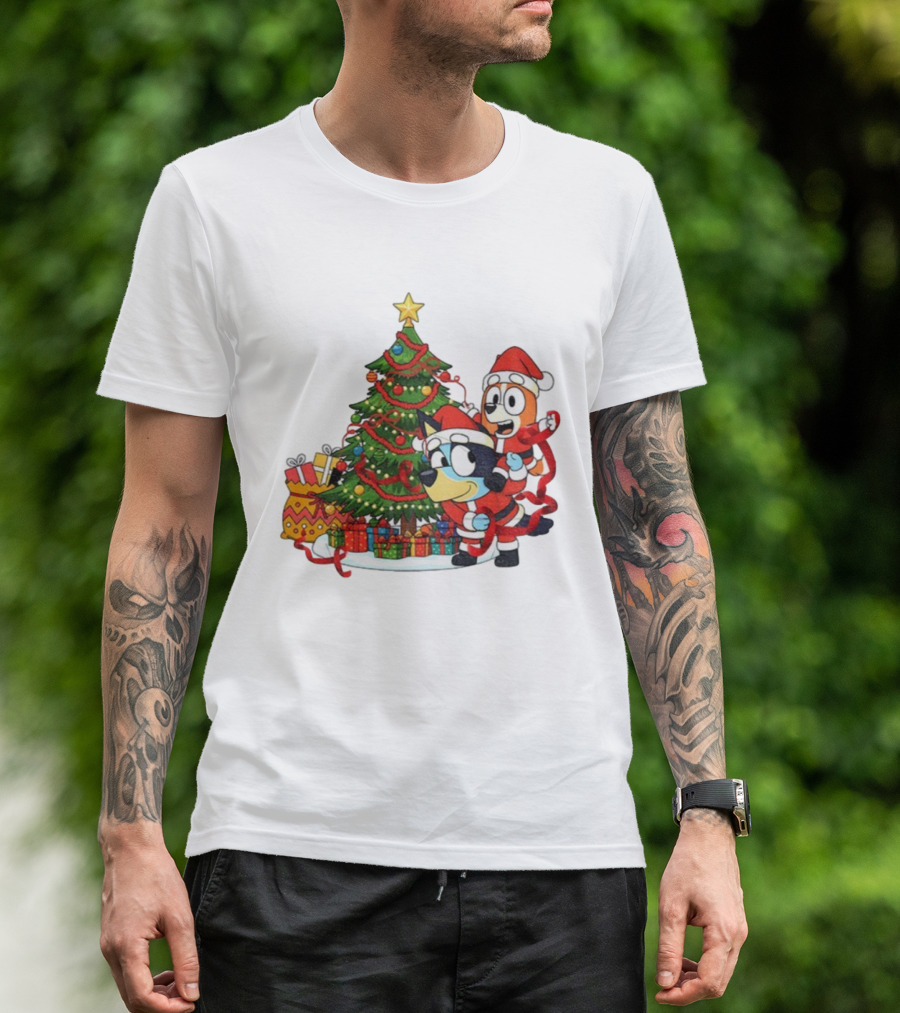 Bluey Bingo Christmas Tree Santa Hat Merry Christmas T-Shirt