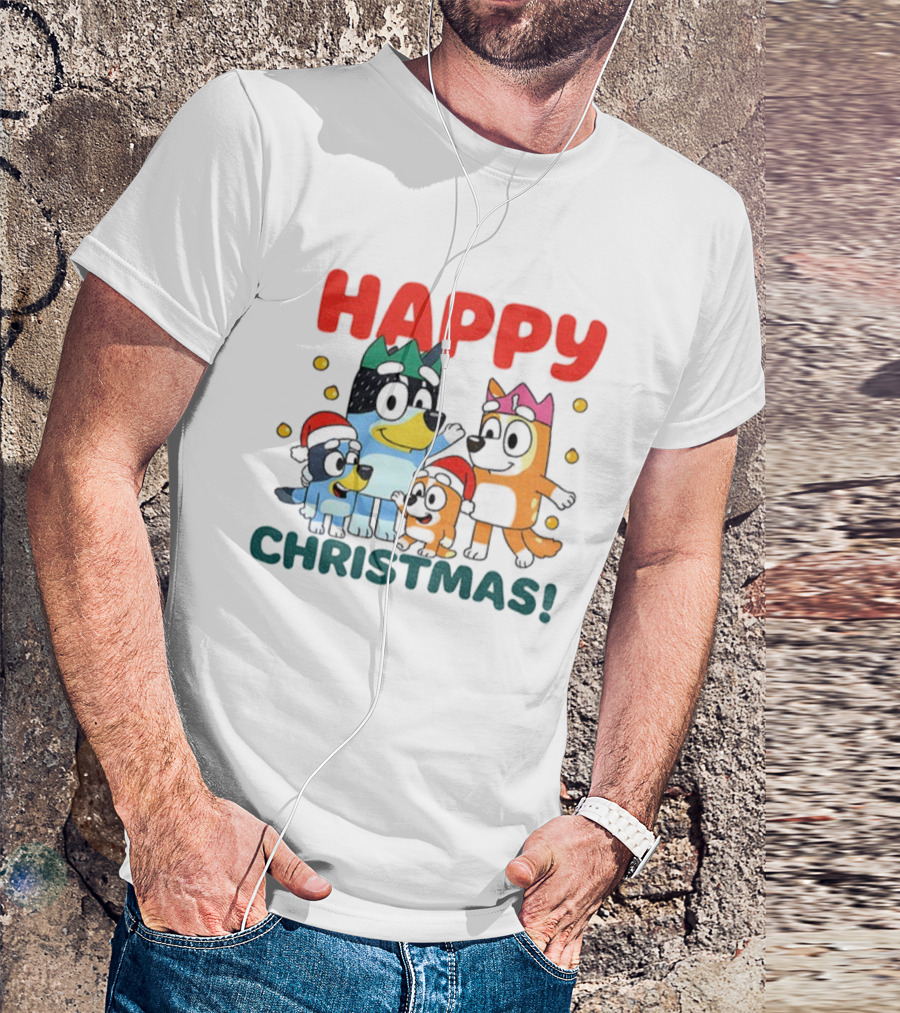 Bluey Family Happy Christmas Santa Hat Celebration T-Shirt