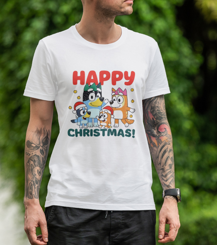 Bluey Family Happy Christmas Santa Hat Celebration T-Shirt