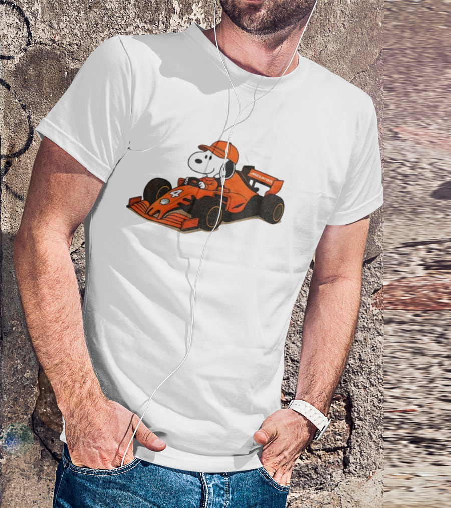Snoopy Driving McLaren Formula One Car With Number 4 Racing Cap T-Shirt