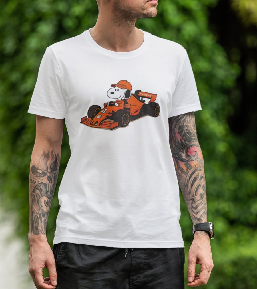Snoopy Driving McLaren Formula One Car With Number 4 Racing Cap T-Shirt