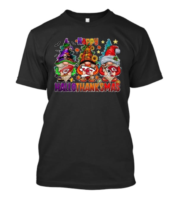Kansas City Chiefs Happy Hallothanksmas Festive Gnomes Halloween Thanksgiving Christmas T-Shirt
