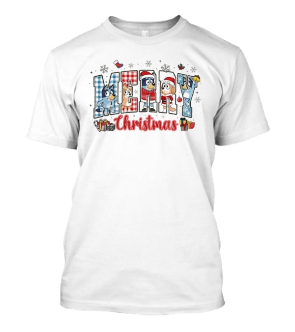 Merry Christmas Bluey Dog Friends In Santa Hats 2025 T-Shirt