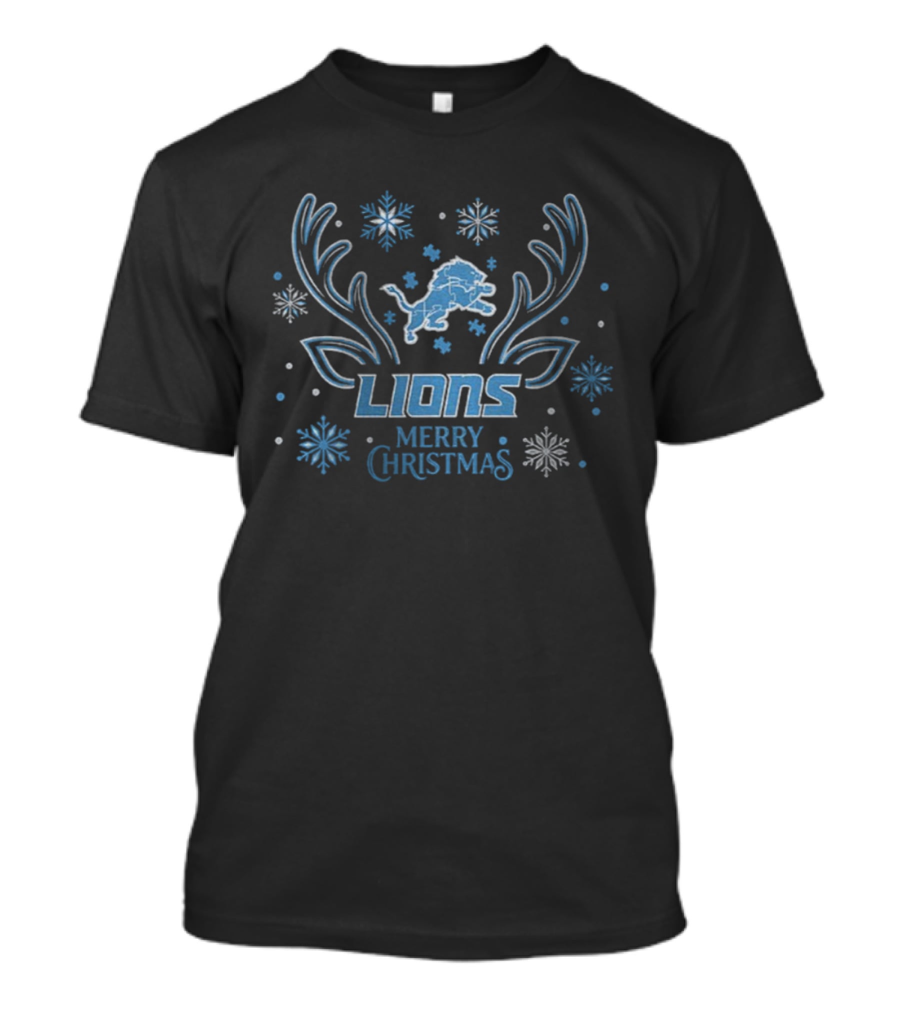 Lions Merry Christmas Detroit Football Snowflakes Antlers T-Shirt