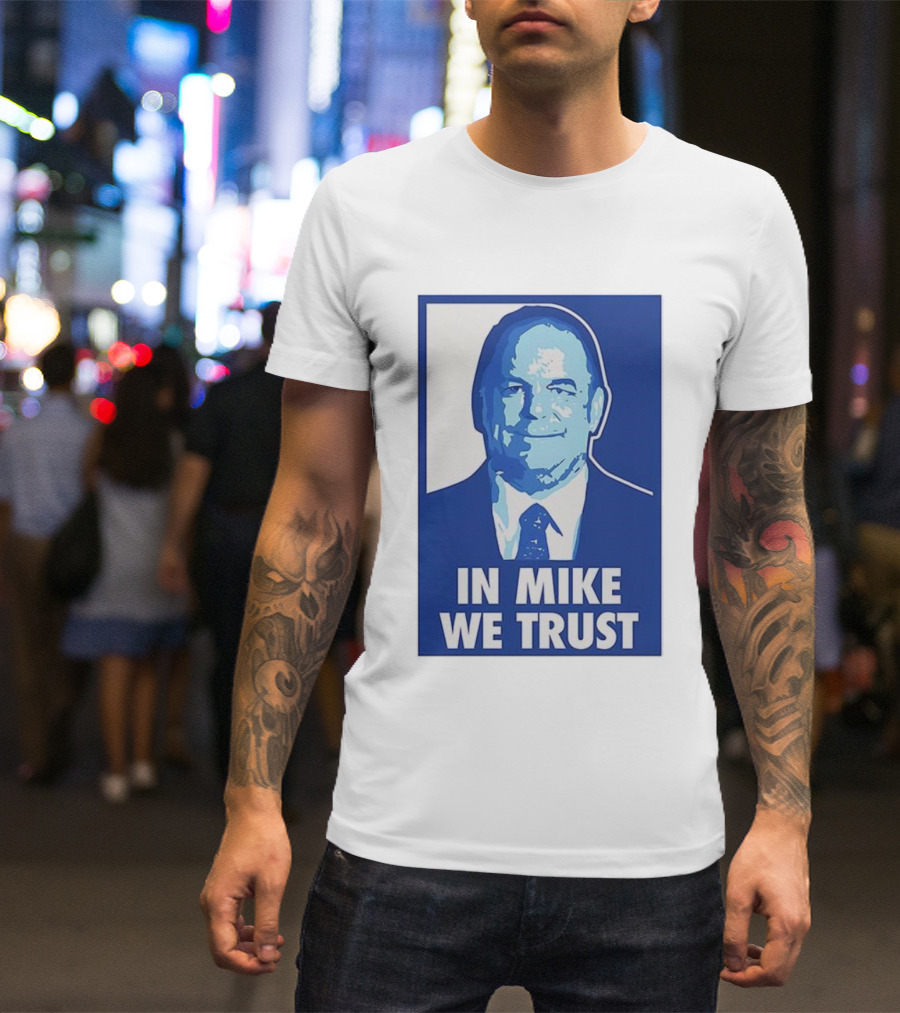 In Mike We Trust Mike Elko Blue Portrait T-Shirt