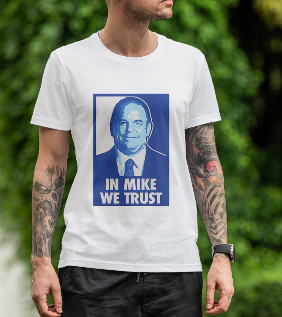 In Mike We Trust Mike Elko Blue Portrait T-Shirt