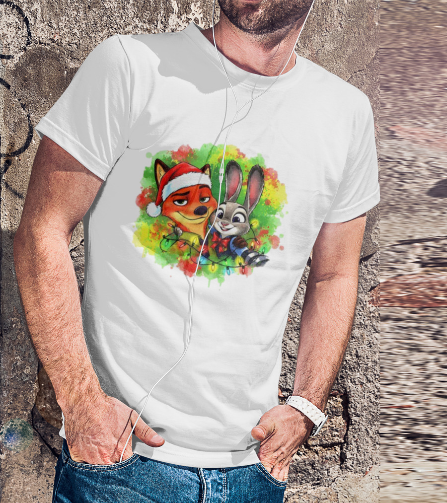 Couple Fox And Bunny Zootopia 2 Santa Hat Merry Christmas Holiday Lights T-Shirt