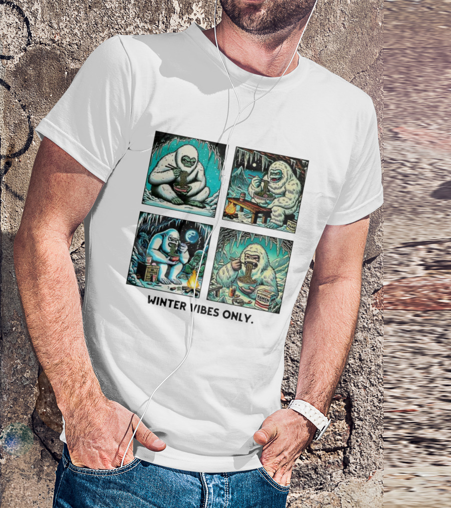 Winter Vibes Yeti Enjoying Ramen Under Icy Cave T-Shirt
