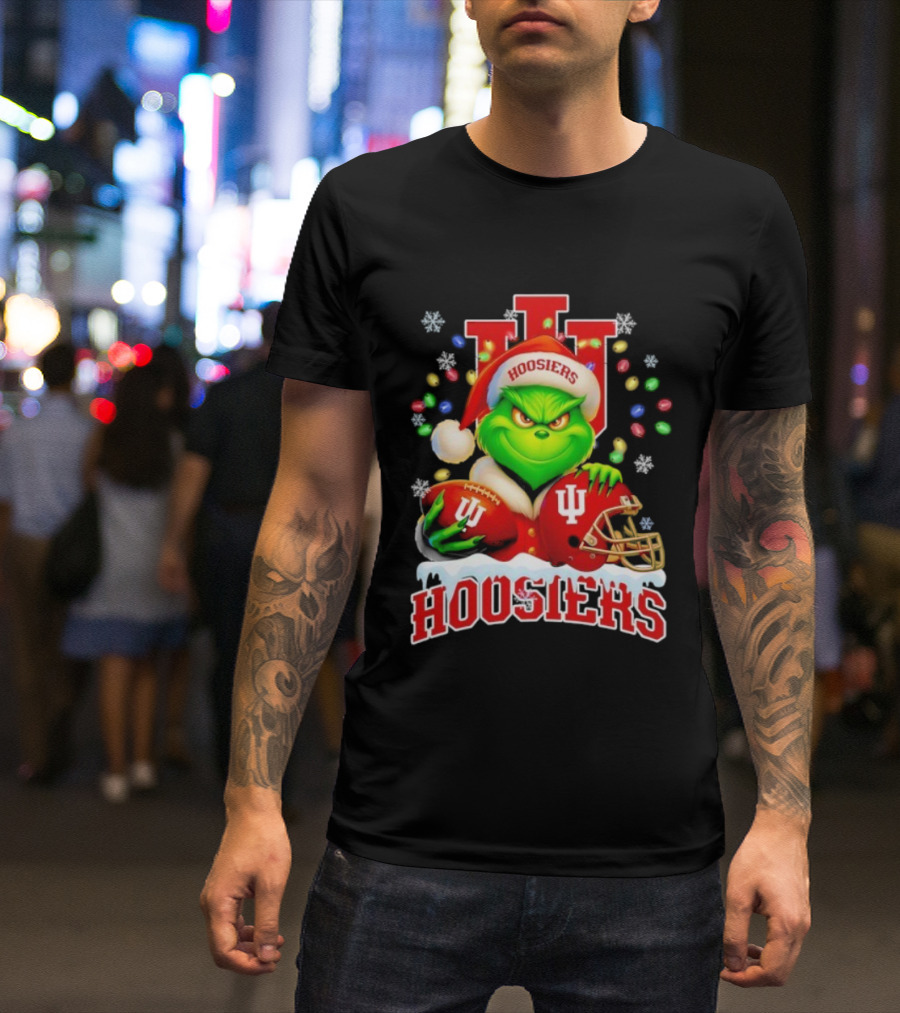 Grinch Santa With Indiana Hoosiers Football Helmet Christmas Theme T-Shirt