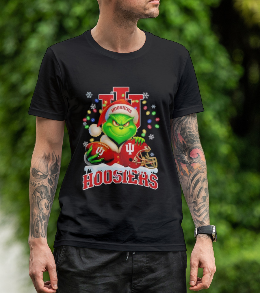 Grinch Santa With Indiana Hoosiers Football Helmet Christmas Theme T-Shirt