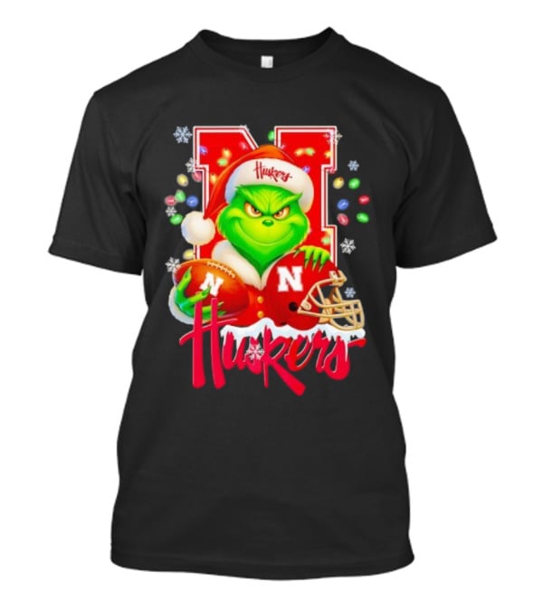 Grinch Santa With Nebraska Cornhuskers Helmet And Football Merry Christmas Huskers T-Shirt