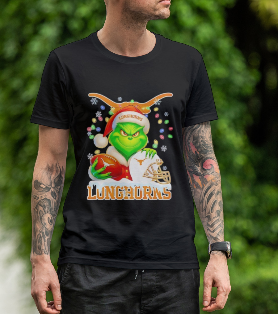 Grinch With Texas Longhorns Christmas Football Helmet And Santa Hat T-Shirt