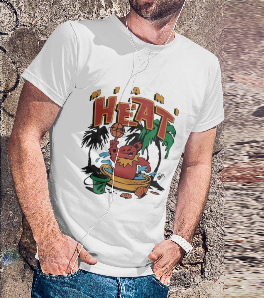 Grateful Dead Bear Miami Heat Basketball Palm Trees Beach Theme T-Shirt