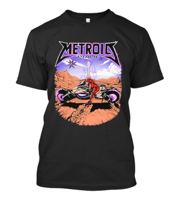 Metroid Prime Sci-Fi Landscape With Armored Character And Alien Desert Scene T-Shirt