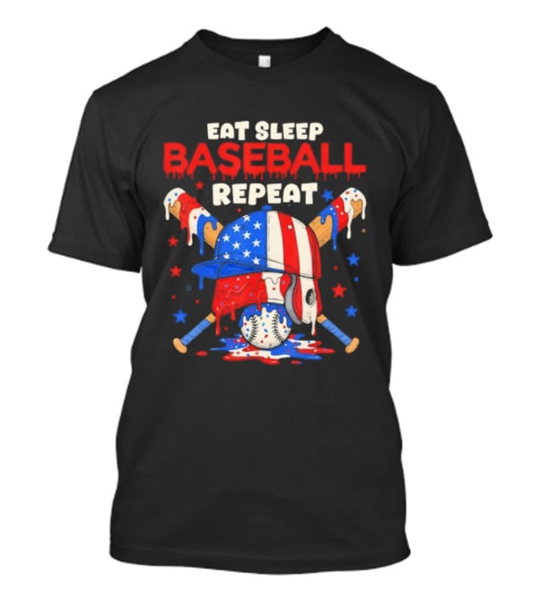Eat Sleep Baseball Repeat Funny Ice Cream Drip Patriotic Crossed Bats T-Shirt