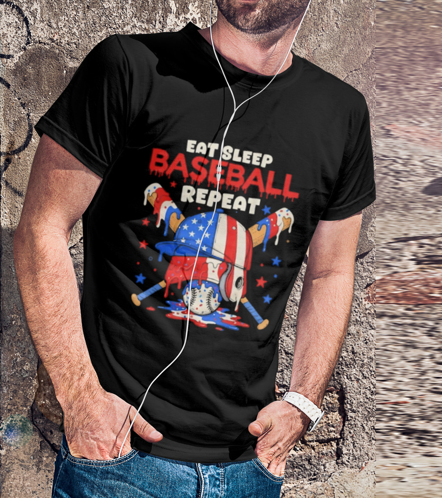 Eat Sleep Baseball Repeat Funny Ice Cream Drip Patriotic Crossed Bats T-Shirt