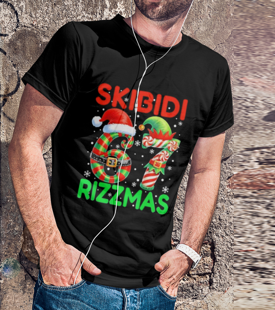 Skibidi 67 Rizzmas Funny Christmas Elf Candy Cane Holiday Meme T-Shirt