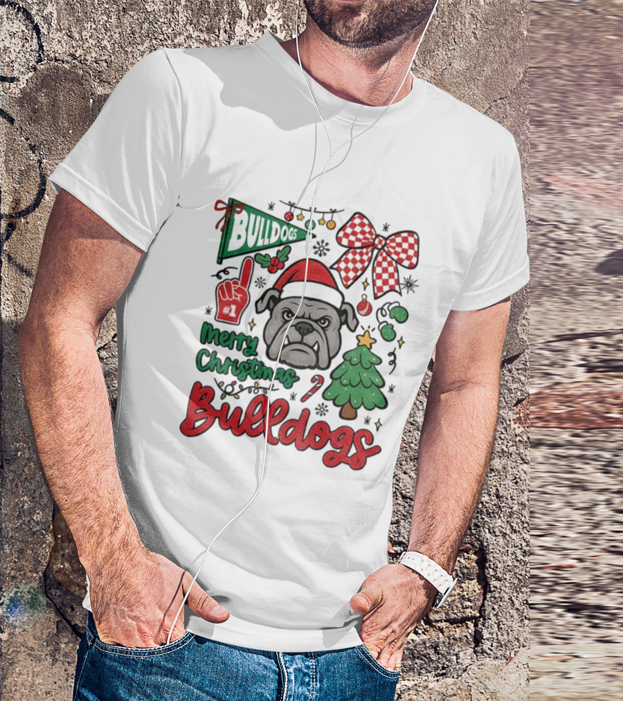 Merry Christmas Bulldogs Festive Mascot Checkerboard Bow And Holiday Theme T-Shirt