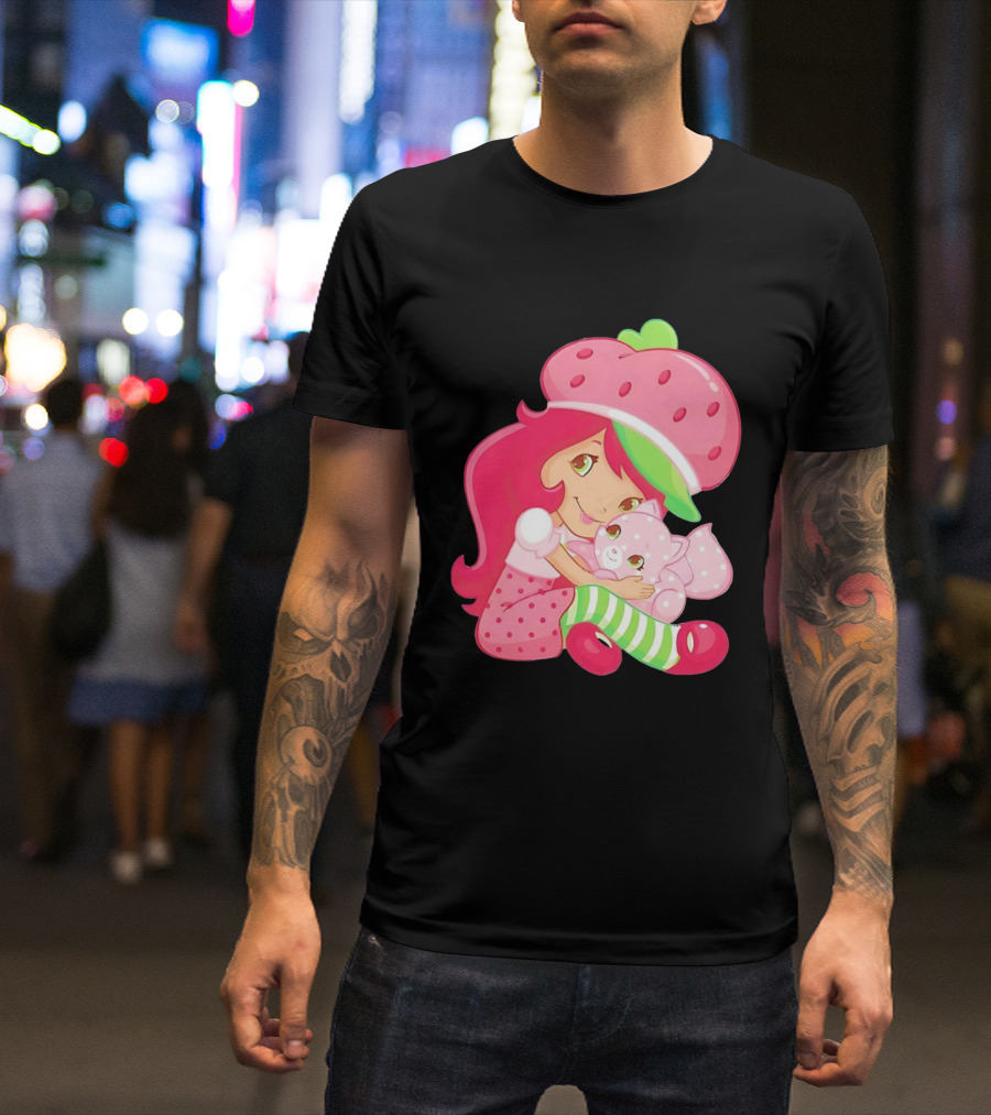 Strawberry Girl Hugging Pink Cat With Hat And Polka Dot Pants T-Shirt
