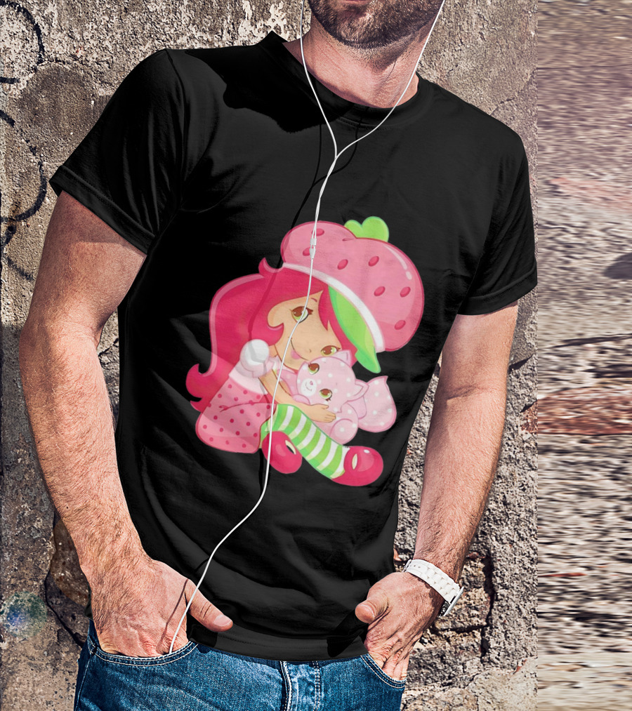 Strawberry Girl Hugging Pink Cat With Hat And Polka Dot Pants T-Shirt