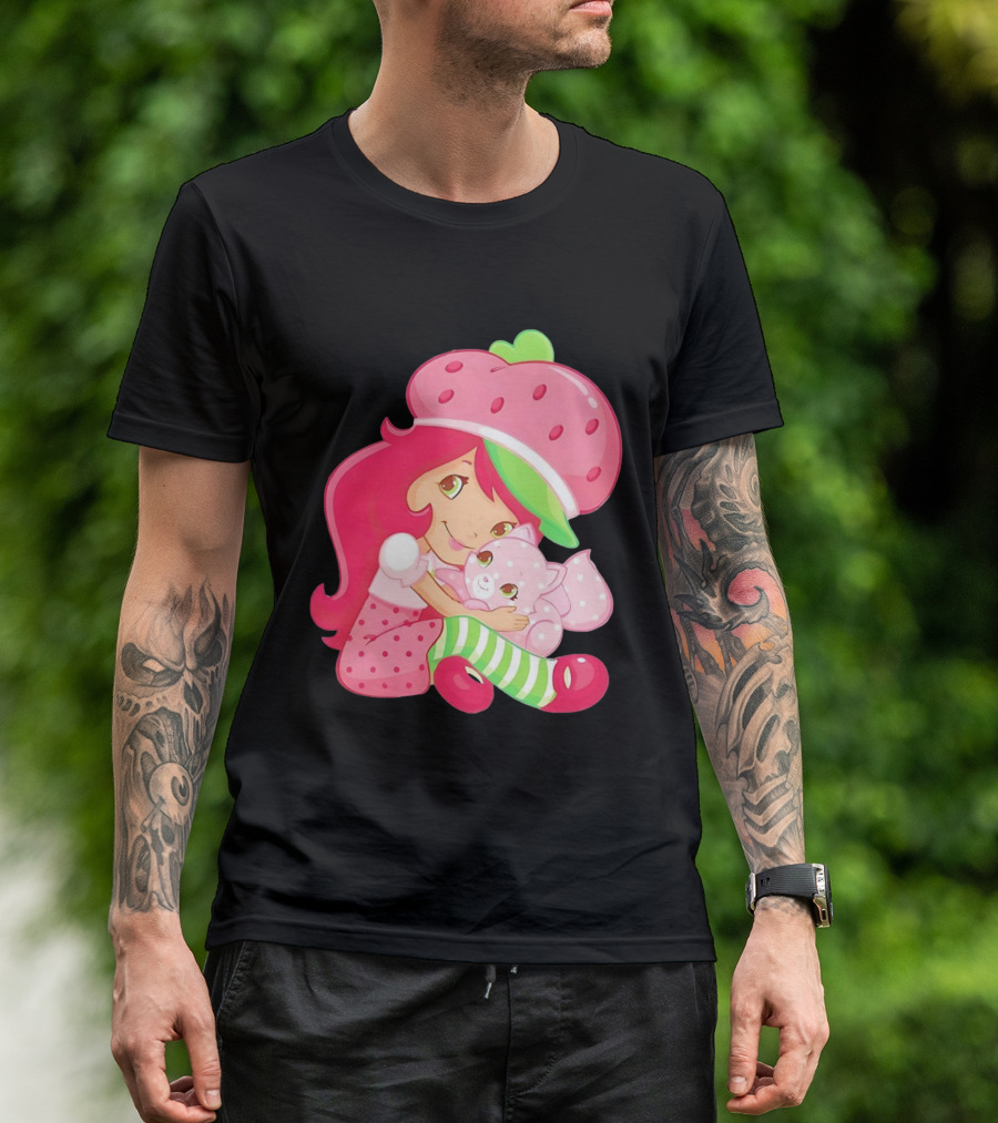 Strawberry Girl Hugging Pink Cat With Hat And Polka Dot Pants T-Shirt